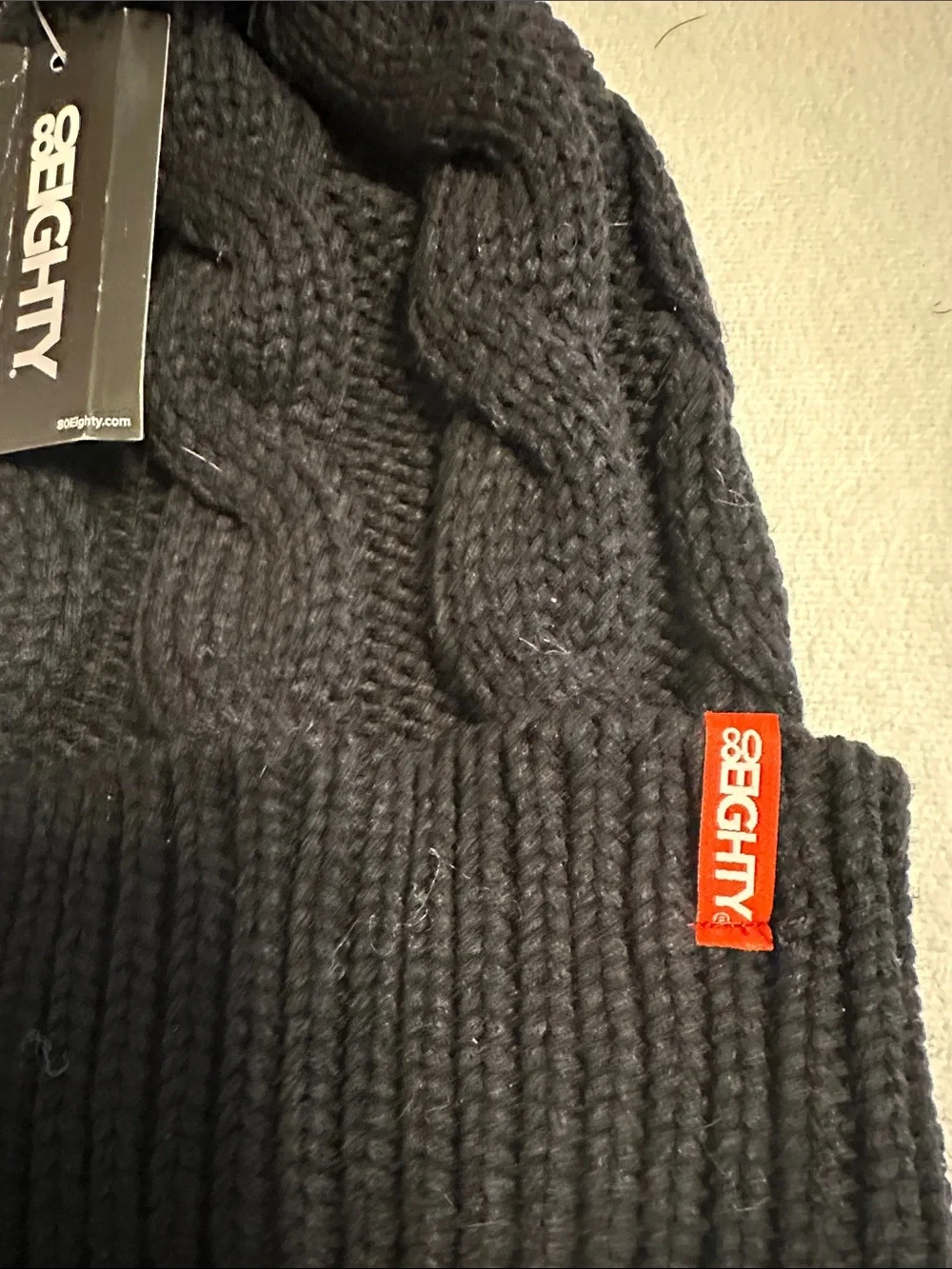 80eighty black cable knit pom beanie new with tags